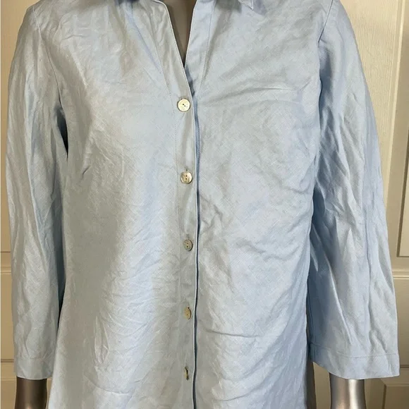 Sigrid Olsen 100% Linen Blouse Size Medium 3/4 Sleeves Collared Popover Blue - Picture 4 of 9